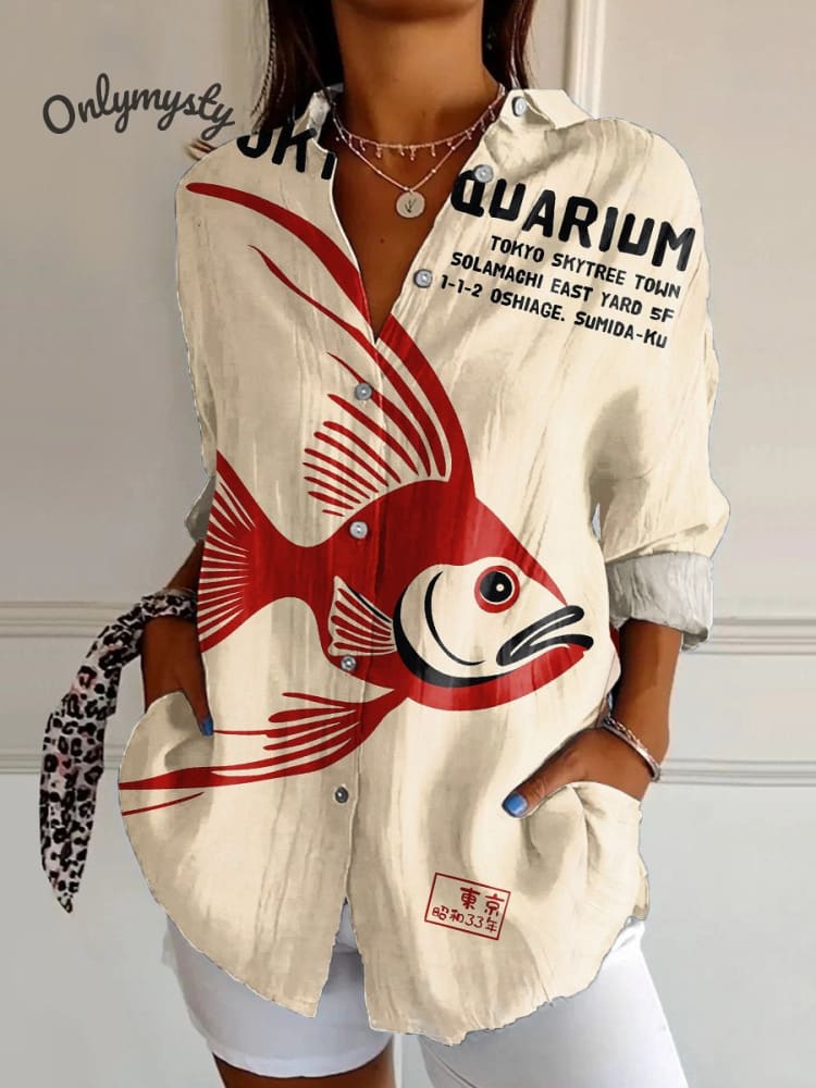 Women's Retro Fish Poster Art Print Casual Cotton Shirt