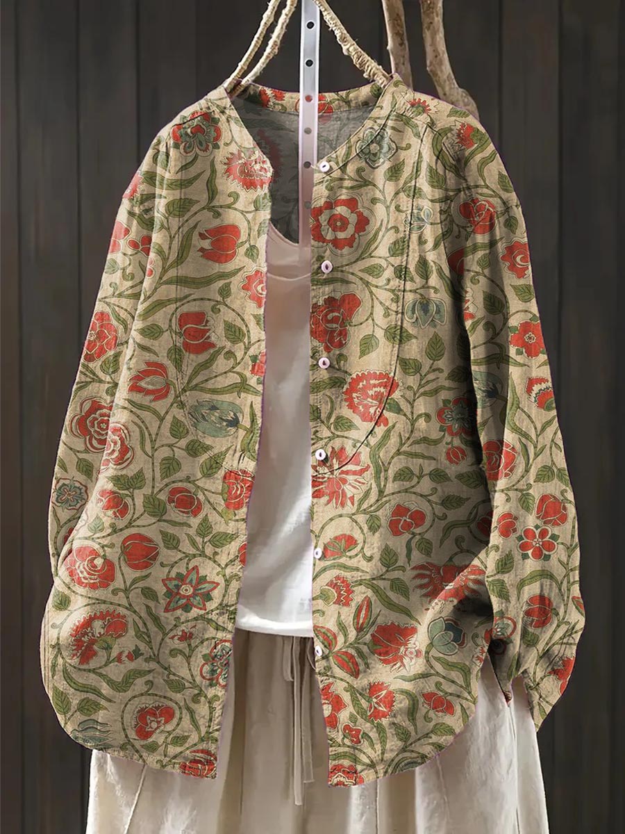 Women's Vintage Floral Art Print Casual Cotton And Linen Shirt