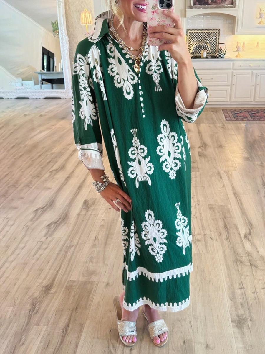 Women's Loose V-neck Long-sleeved Cotton and Linen Dress