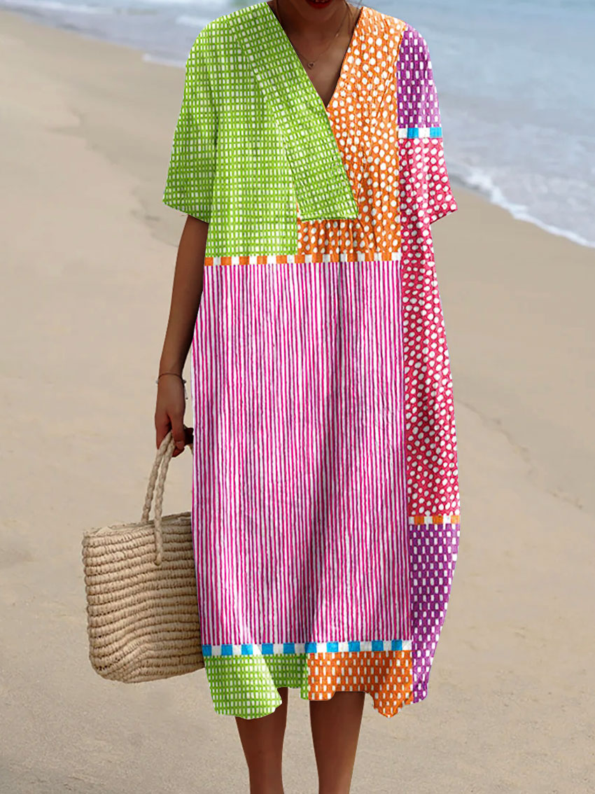 Women's Vintage Abstract Geometric Color Block Line Art Print Dress