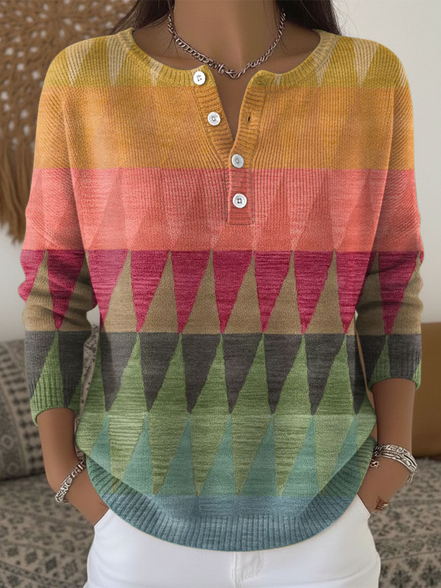 Women's Multicolor Retro Splicing Pattern Art Print Buttoned Cardigan Sweater