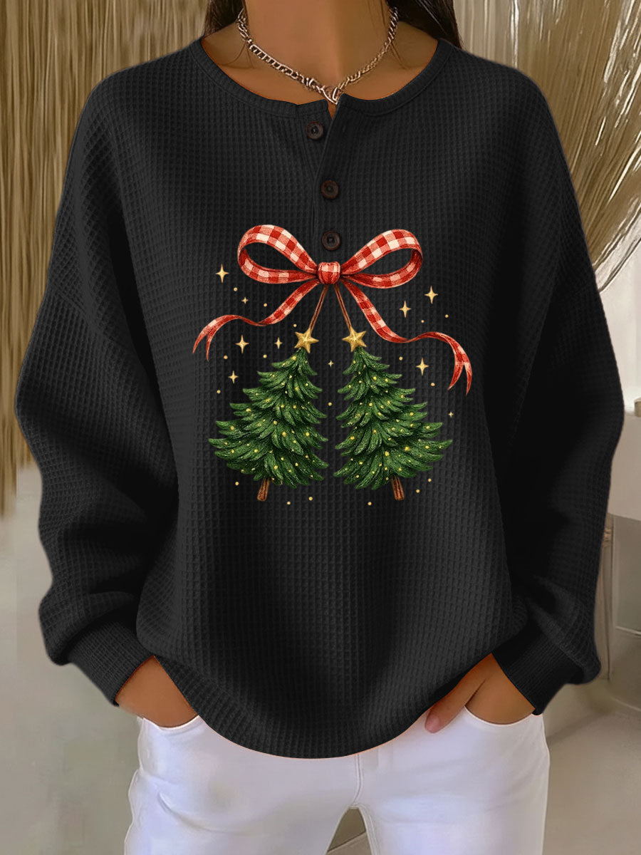 Women's Vintage Christmas Tree Art Print Casual Waffle Henry Collar Sweatshirt