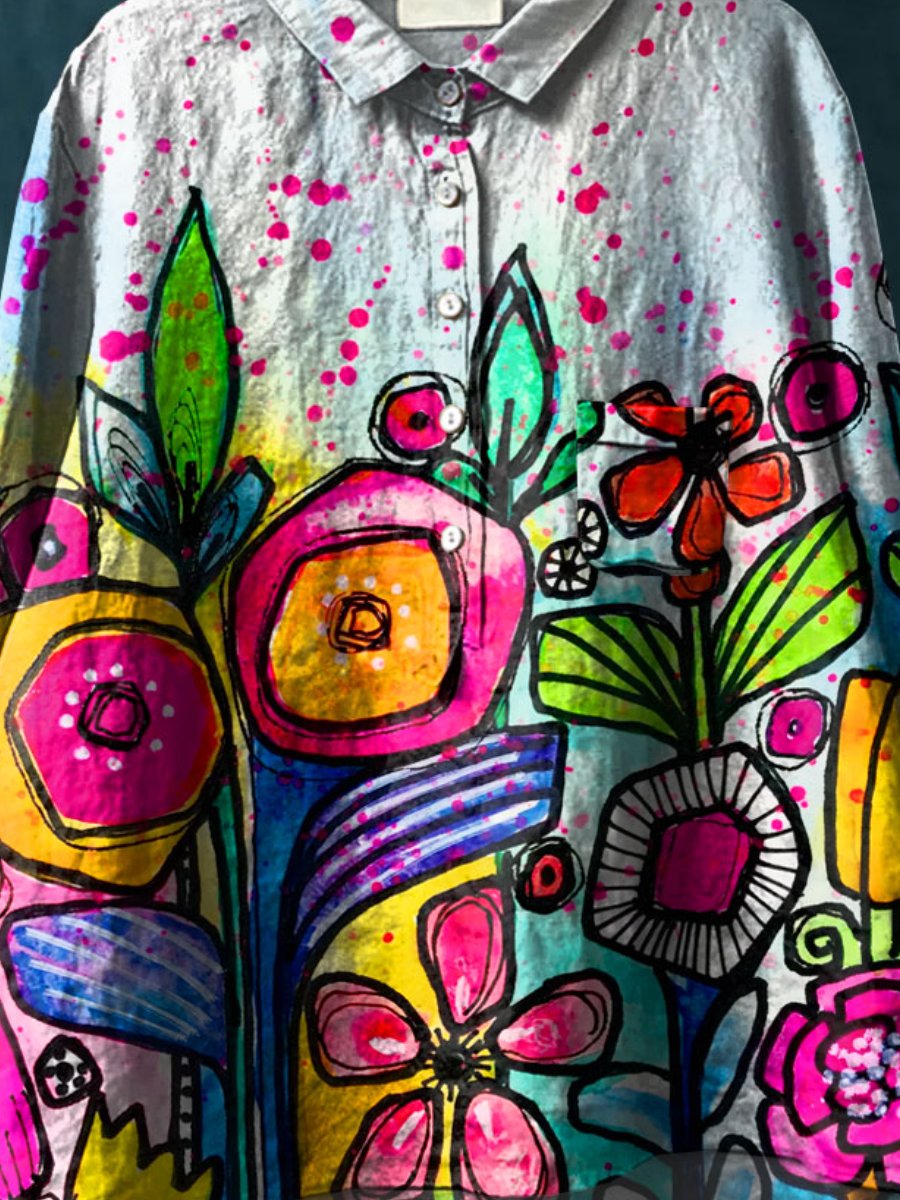 Abstrct Art Flower Printed Women's Casual Cotton And Linen Shirt