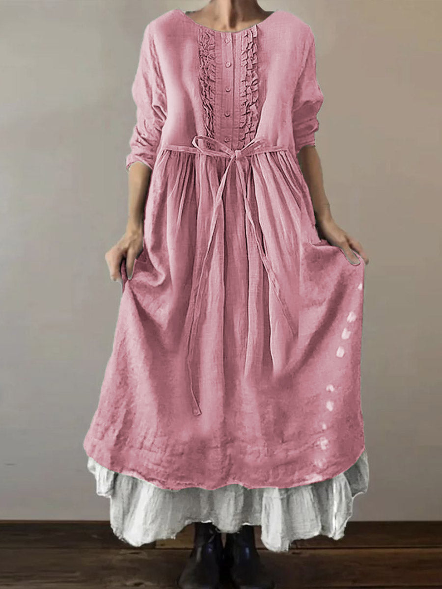 Women's Solid Color Round Neck Long Sleeve Casual Loose Tie-Drawstring Dress