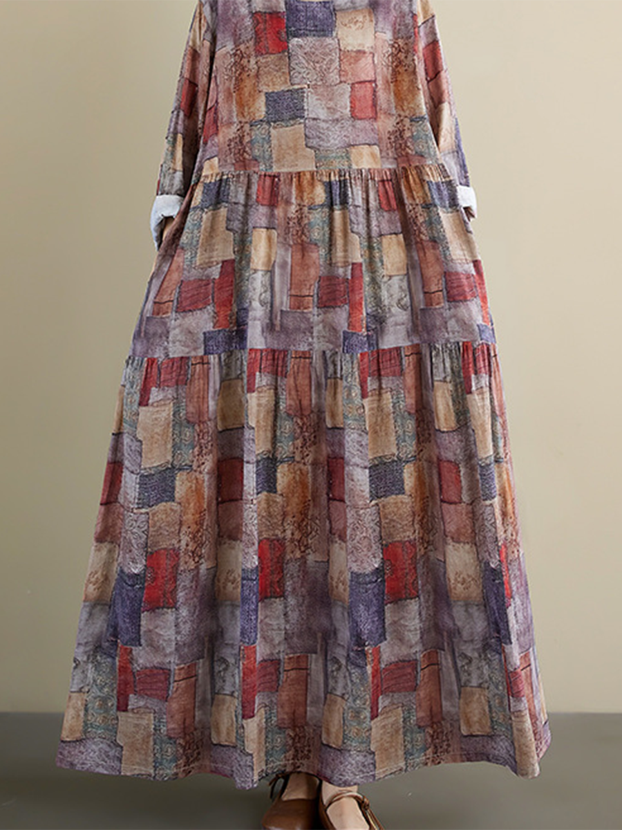 Women's Loose Plaid Splicing Printed Cotton Dress