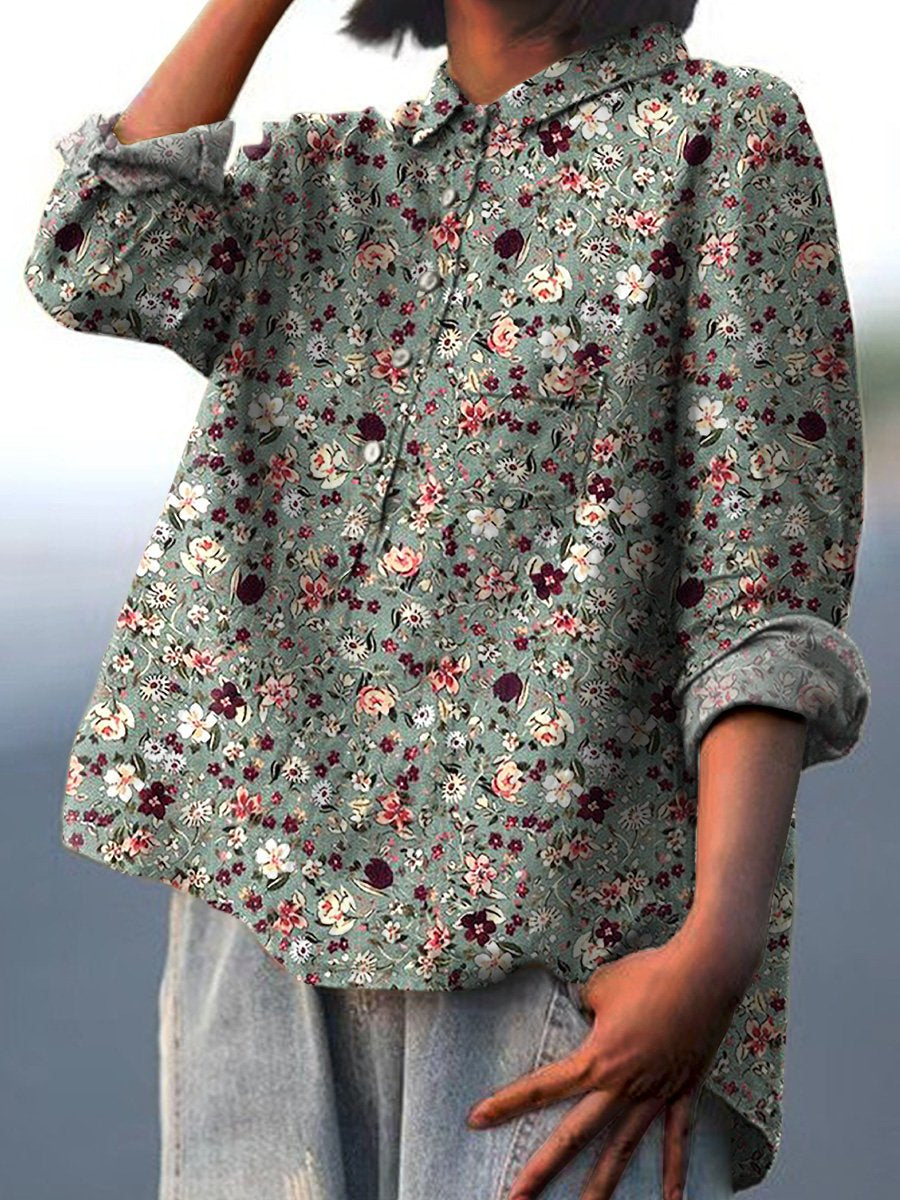 Midnight Small Spring Floral Pattern Printed Women's Casual Cotton And Linen Shirt