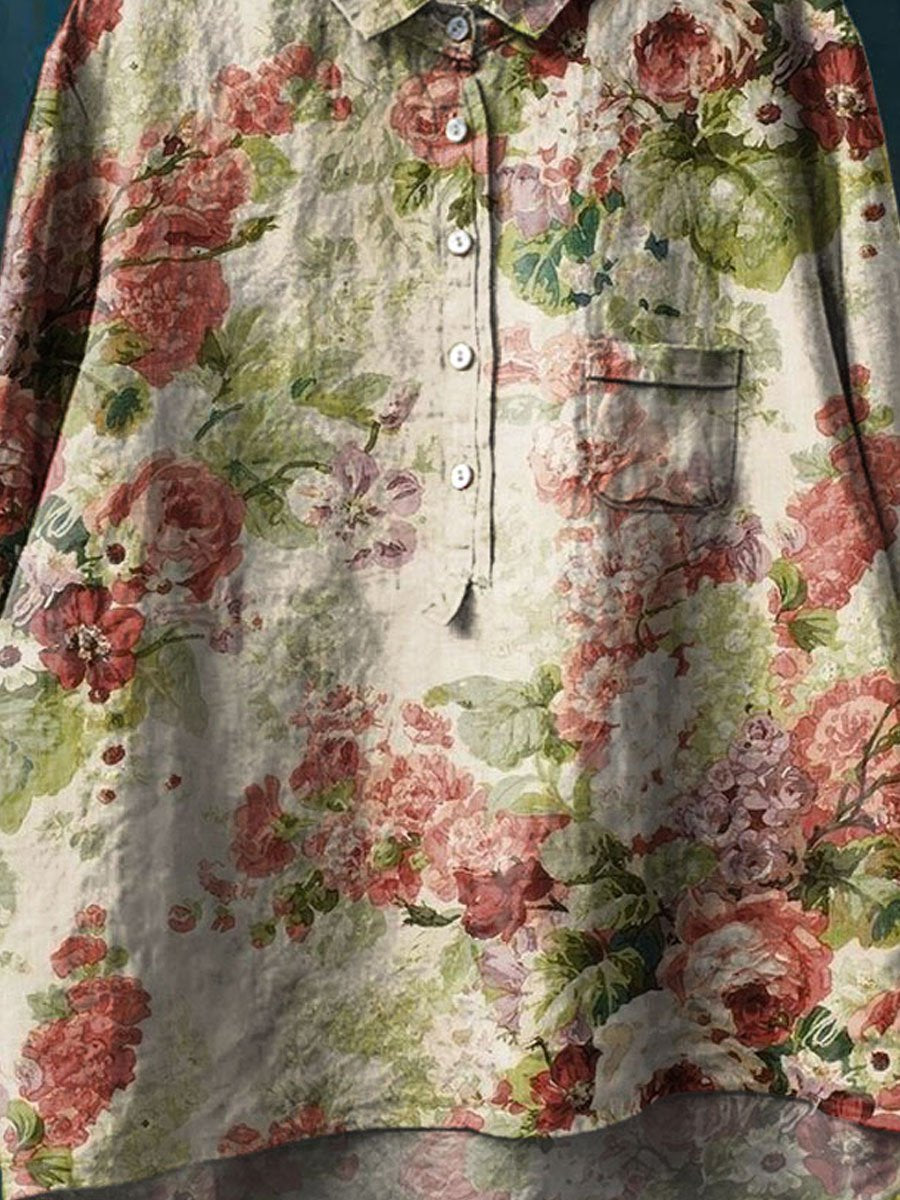 Women's Vintage Floral Art Print Casual Cotton And Linen Shirt