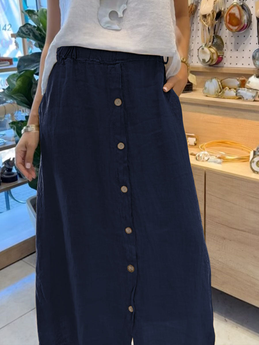 Women's Solid Color Elastic Waist Buttons Casual Pockets Linen Skirt