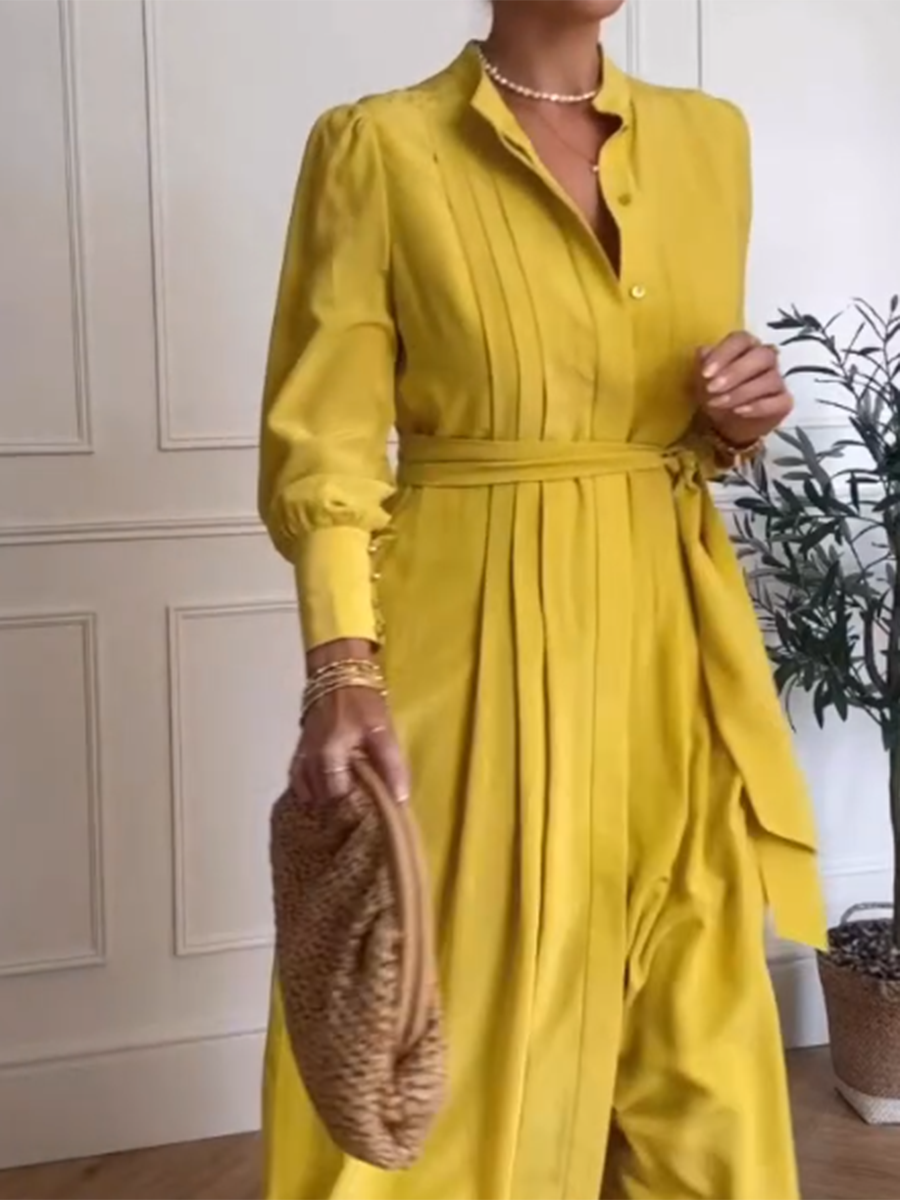 Natural Pleated Solid Color Belted Shirt Dress
