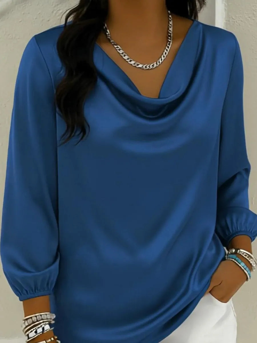Retro Drape Neck Lantern Sleeve Satin Blouse