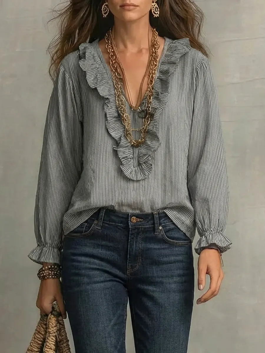 Women's Retro Striped Ruffled Stylish Casual Cotton Linen Shirt