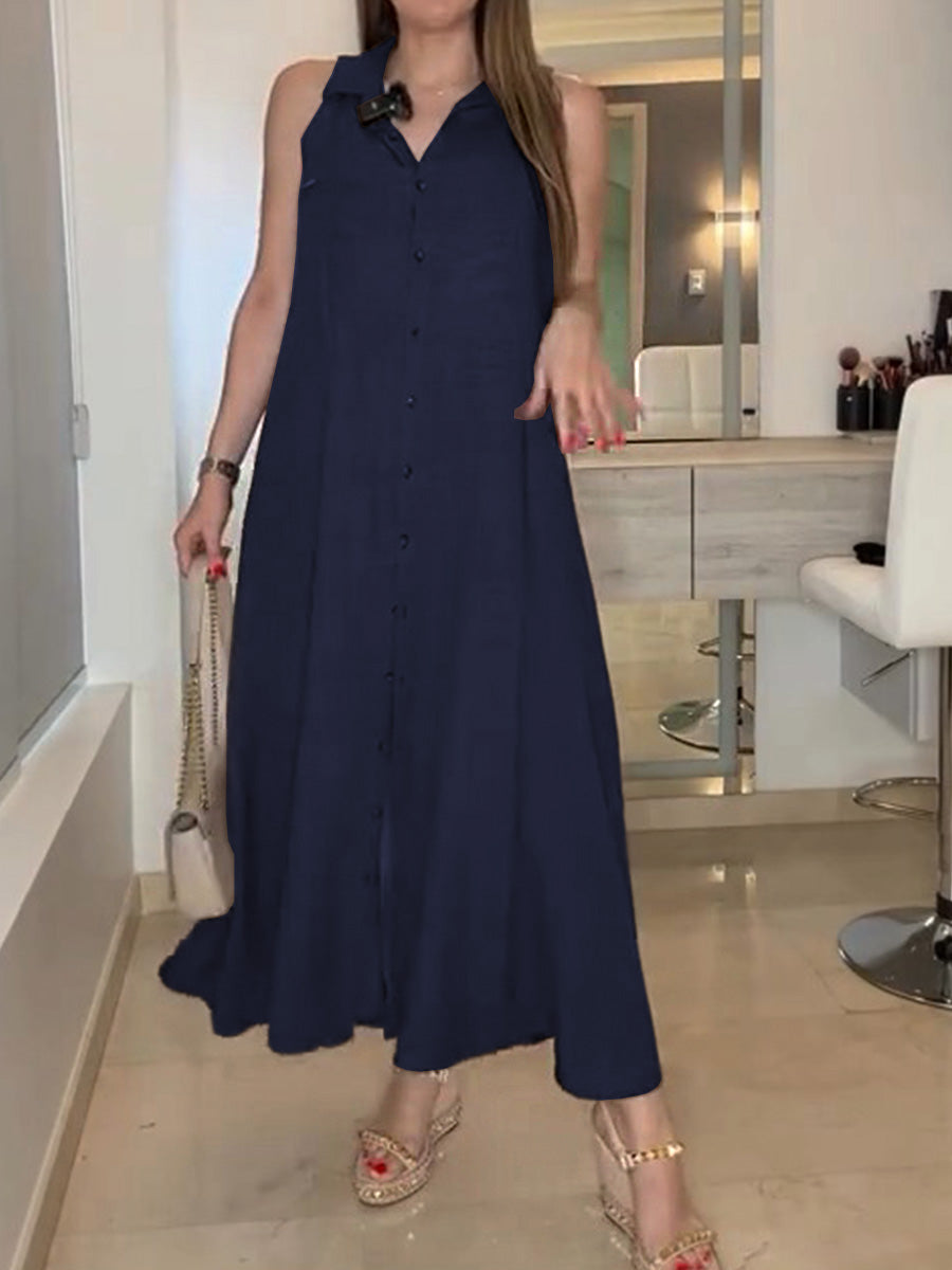 Women's Solid Color Lapel Sleeveless Casual Loose A-Line Cotton and Linen Dress