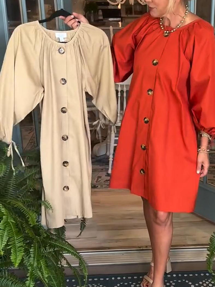 Women's Autumn Buttoned Lantern Sleeve Cotton Dress