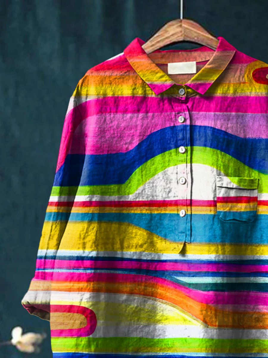 Abstrct Art Printed Women's Casual Cotton And Linen Shirt