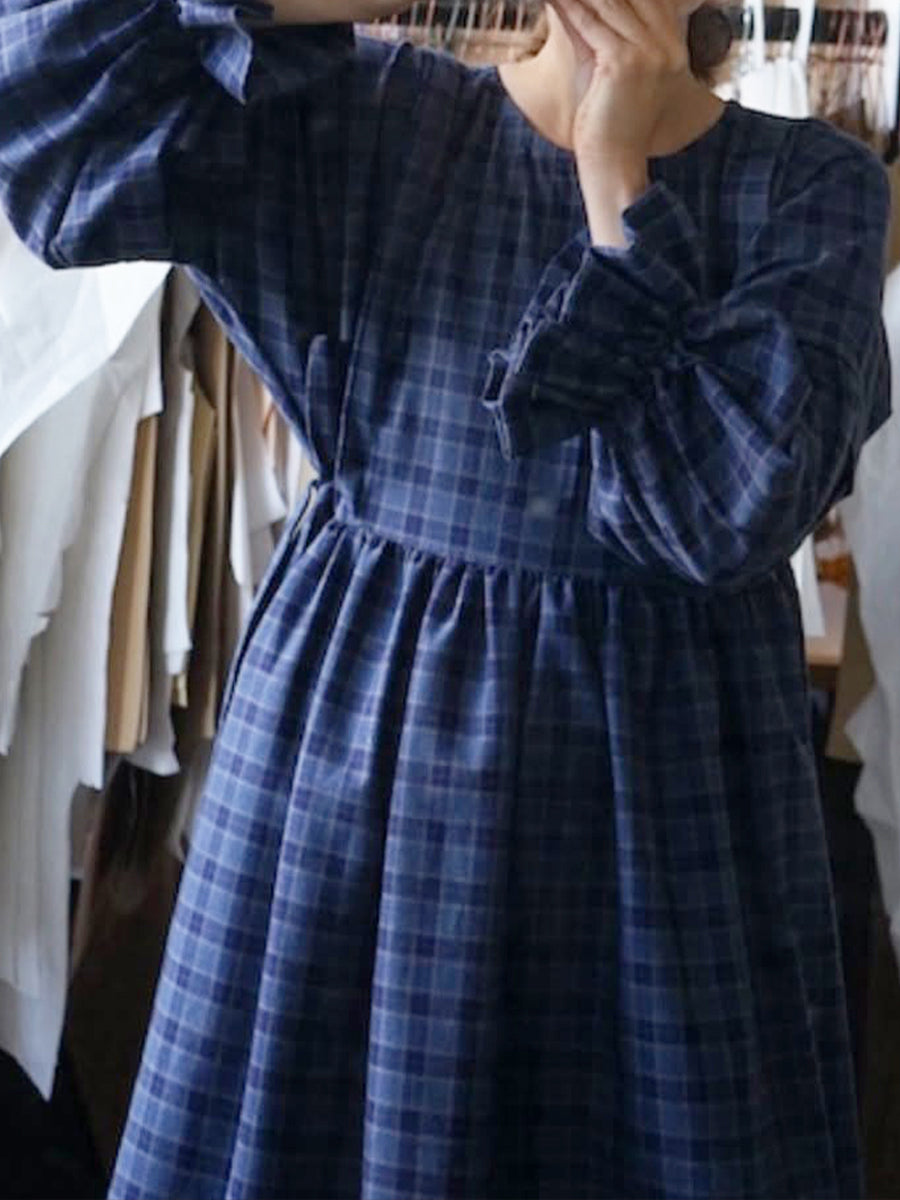 Women's Cotton And Linen Plaid Lantern Sleeve Dress