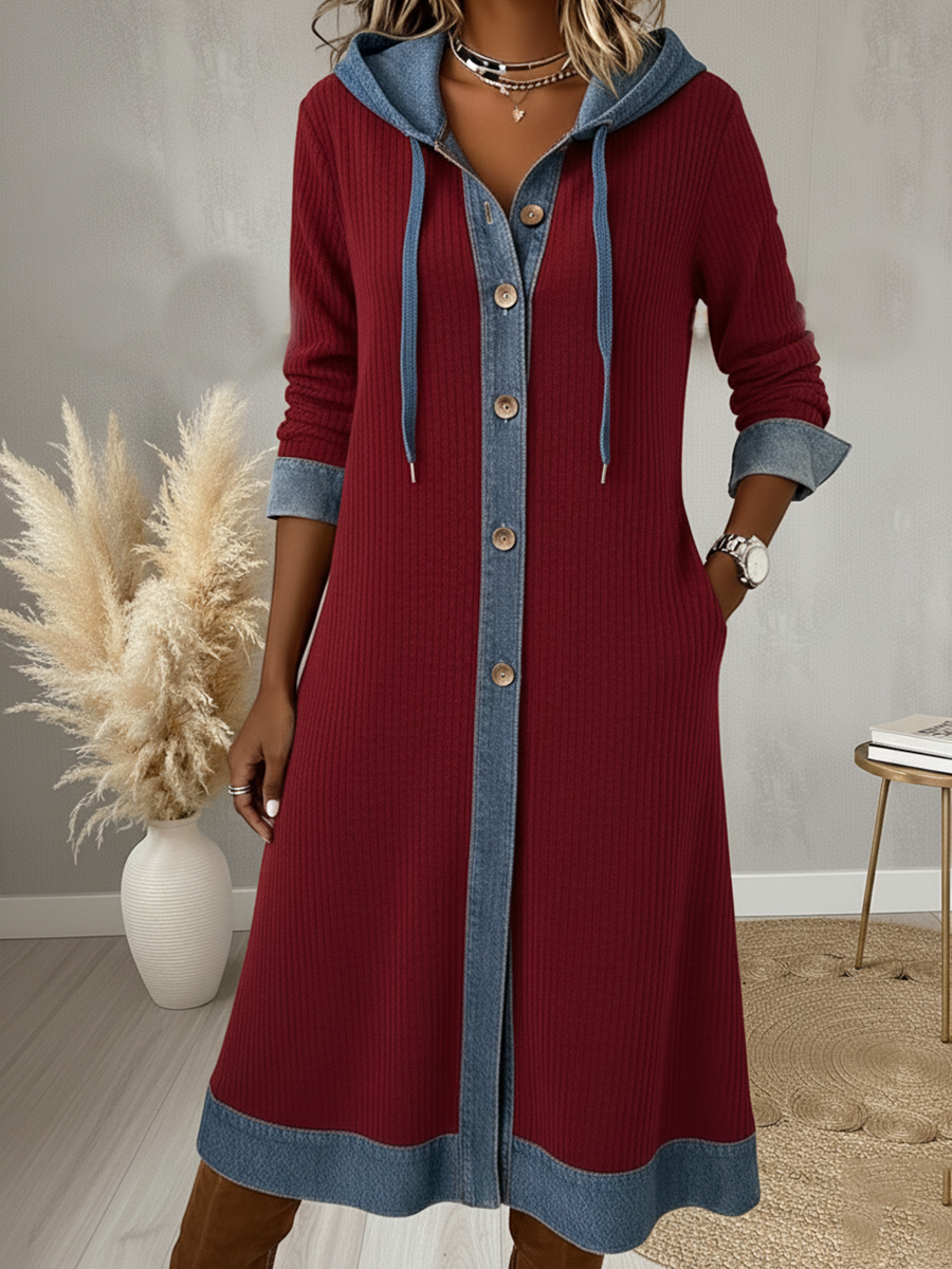 Vintage Denim and Corduroy Hooded A-line Dress
