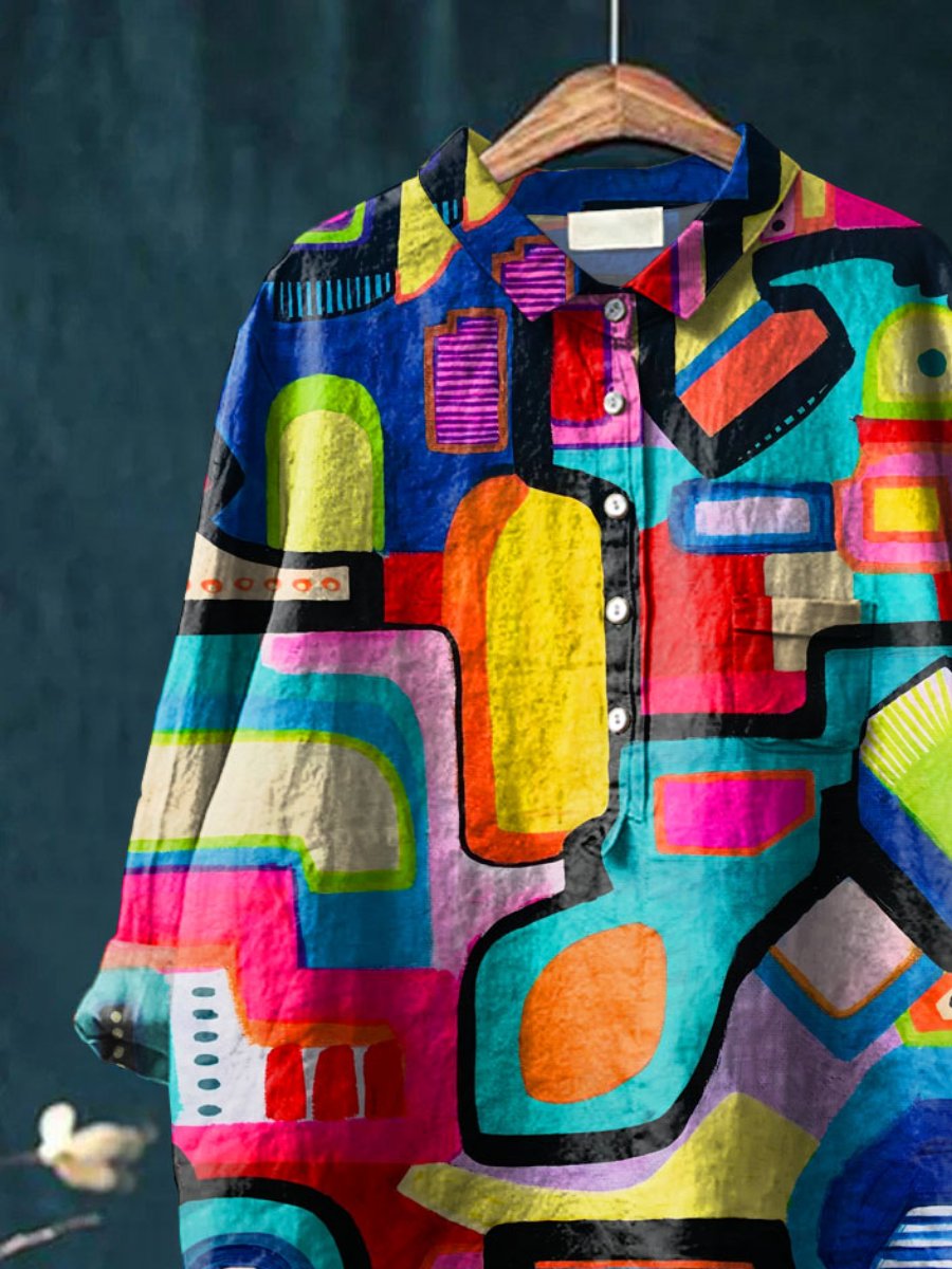 Women's Abstrct Art Print Casual Cotton And Linen Shirt