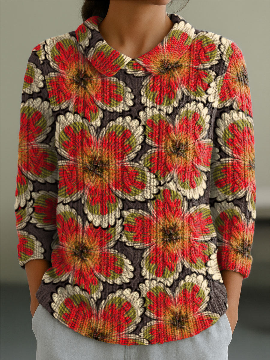 womens-vintage-floral-art-print-casual-peter-pan-collar-3-4-sleeve-sweater-f2xc