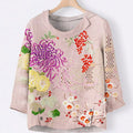 Japanese Botanical Flower Embroidery Pattern Women's Linen Lapel Shirt