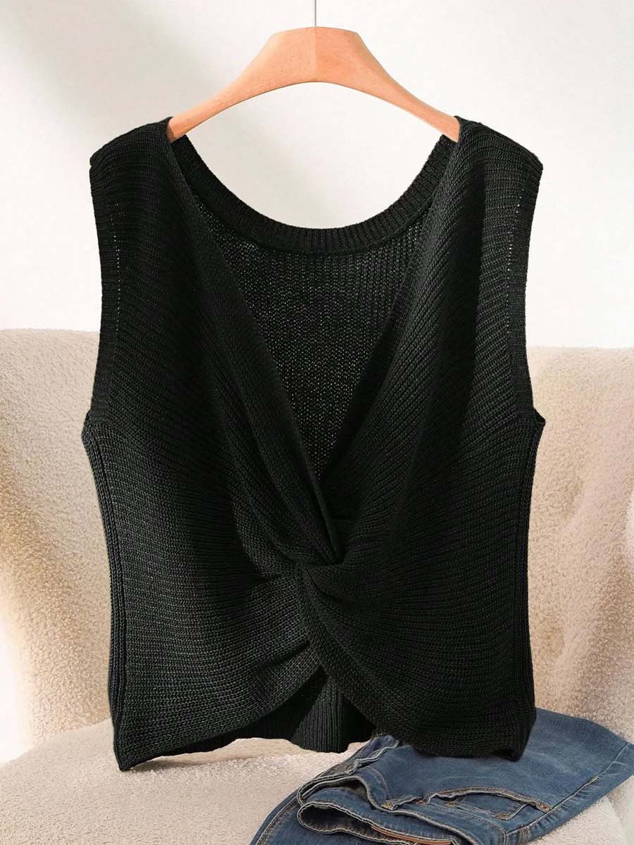 womens-v-neck-sleeveless-solid-color-casual-loose-knot-sweater