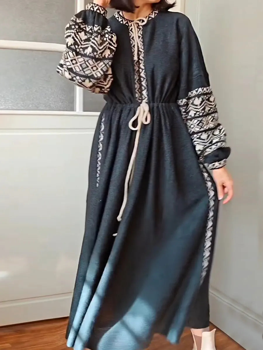 Women's Contrast Print Round Neck Long Sleeve Casual Loose Dress