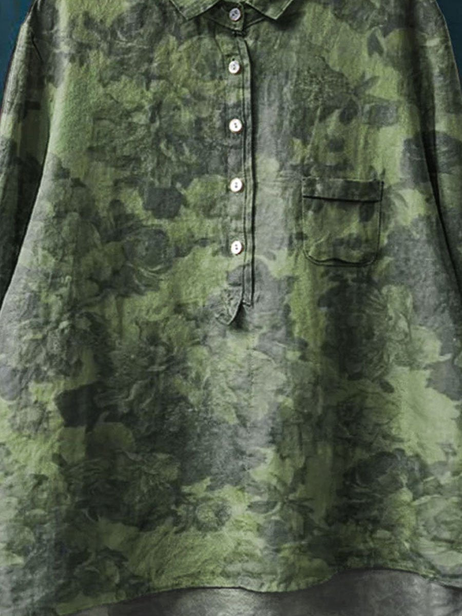 Women's Vintage Floral Art Print Casual Cotton And Linen Shirt