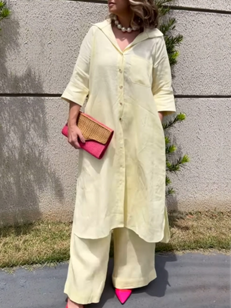 Women's Casual Pocket Shirt Style Cotton and Linen Dress