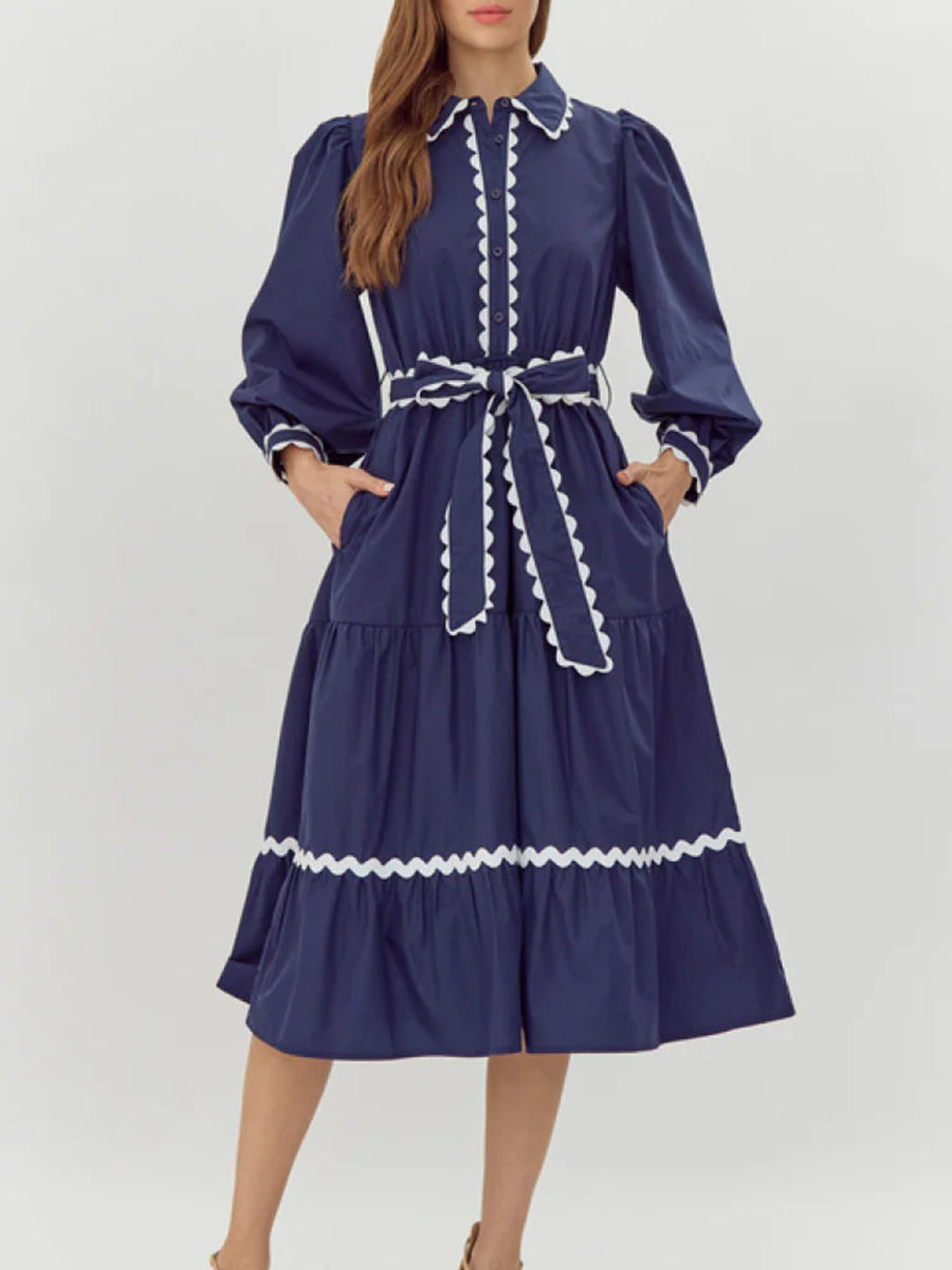 Women's ribbon contrast solid color long-sleeved cotton dress