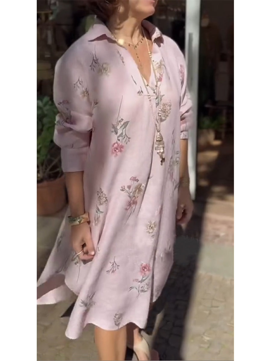Women's Floral Print Cotton and Linen Long Sleeve Dress