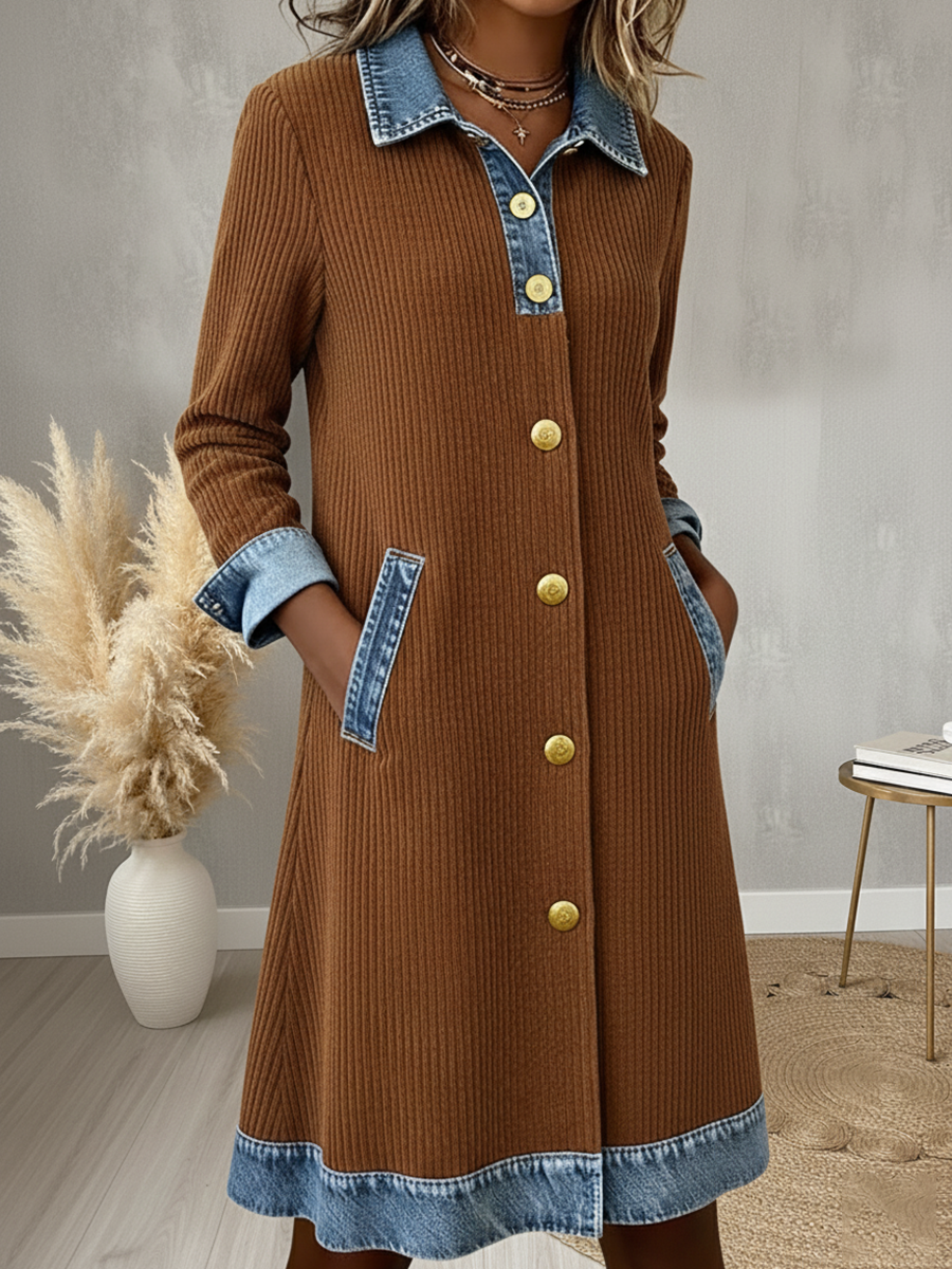 Casual Denim Patchwork Corduroy Button A-line Midi Dress