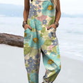 Women's Abstract Cute Flower Art Print Casual 100% Cotton Wide Leg Jumpsuit