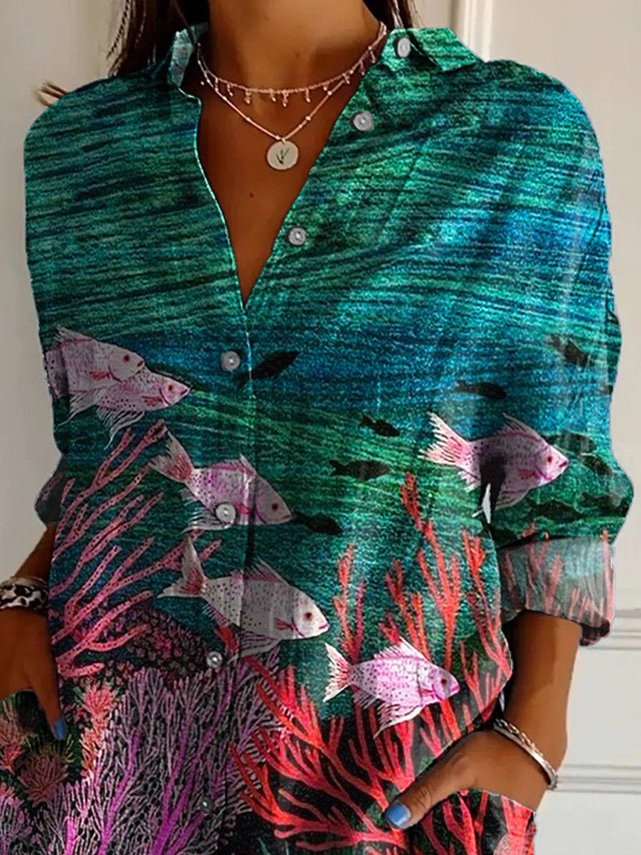Tranquil Coral Reef And Fish Printed Women's Casual Cotton Shirt