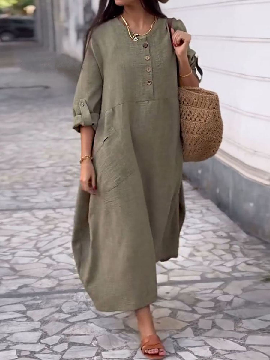 Women's Round Neck Cotton And Linen Long-Sleeved Dress