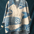 Women's Blue Minimalist Line Fish Print Casual Cotton And Linen V-neck Shirt