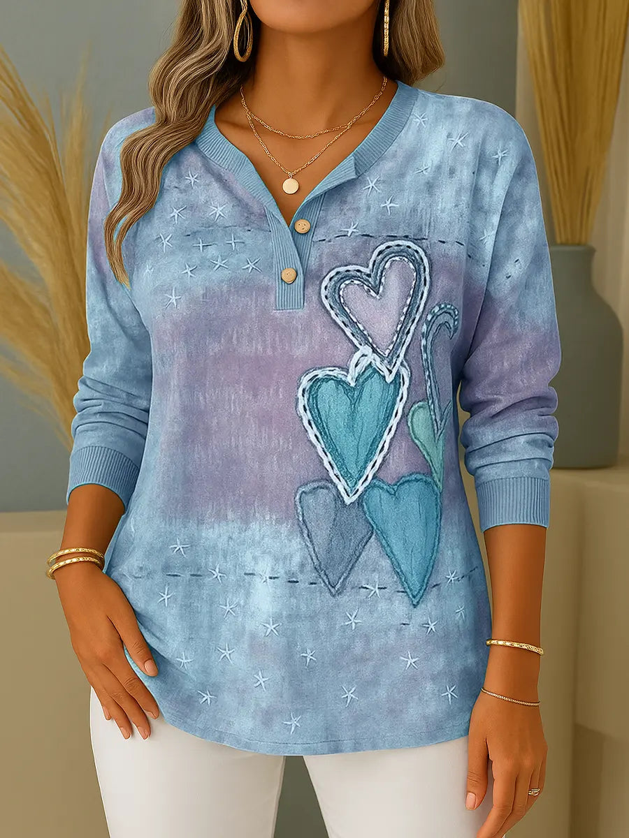 Women's Retro Heart Print V-Neck Long Sleeve Casual Loose Top