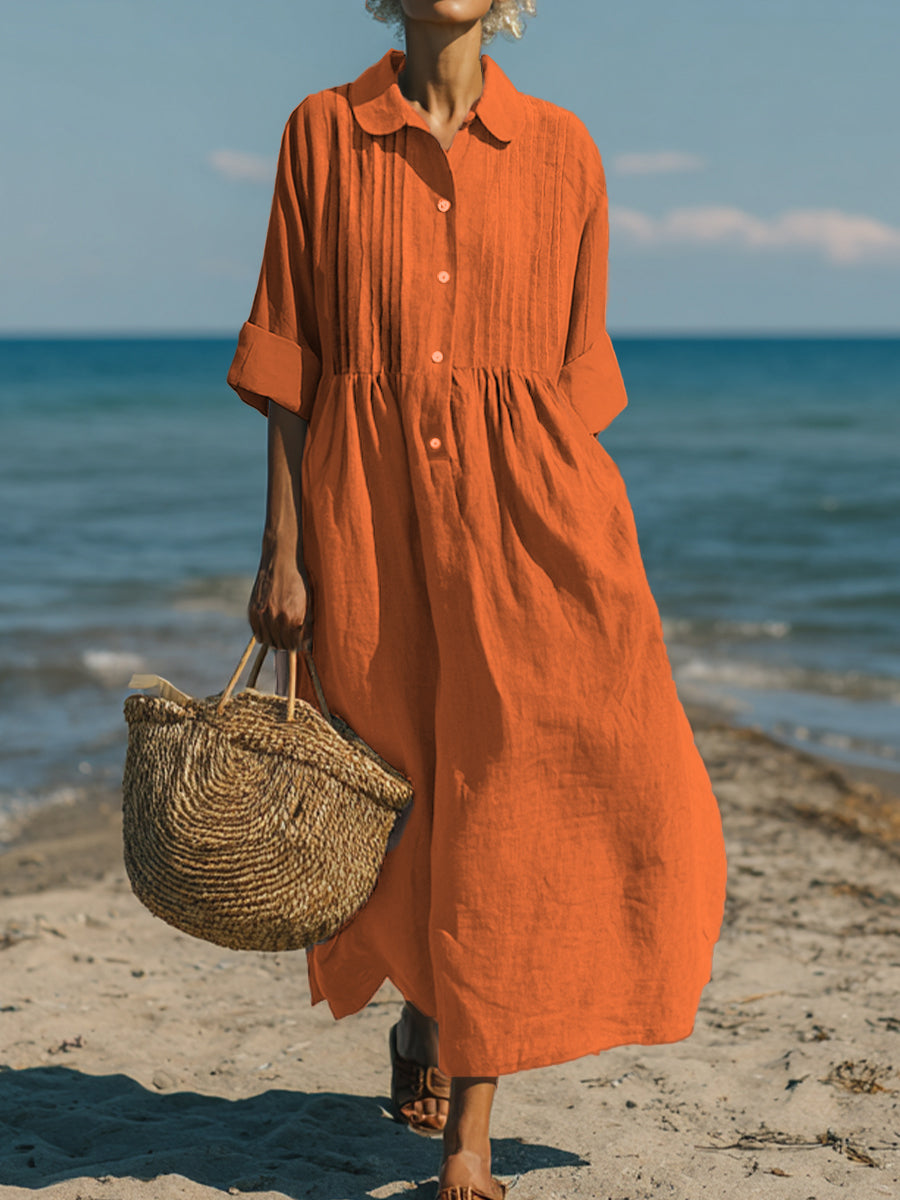 Women's Casual Linen Cotton Pleated Pocket Dress