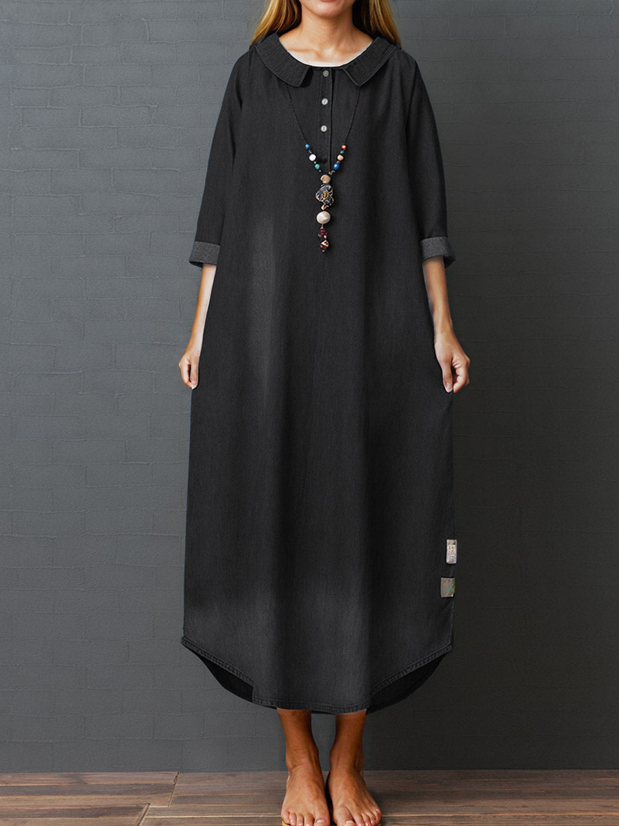 Women's Peter Pan Collar Long Sleeve Casual Loose Denim Dress