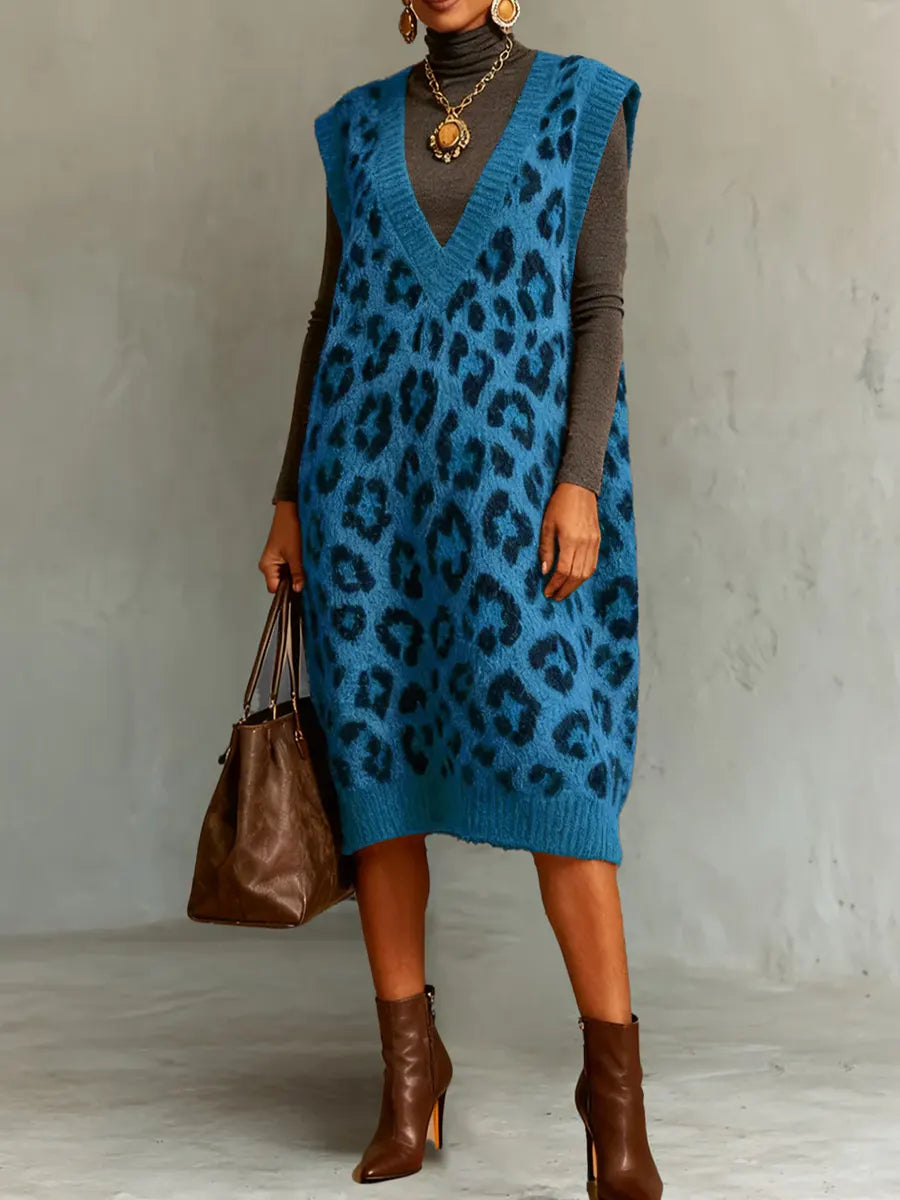 Women's Leopard Print V-Neck Sleeveless Casual Loose Vest Knit Dress