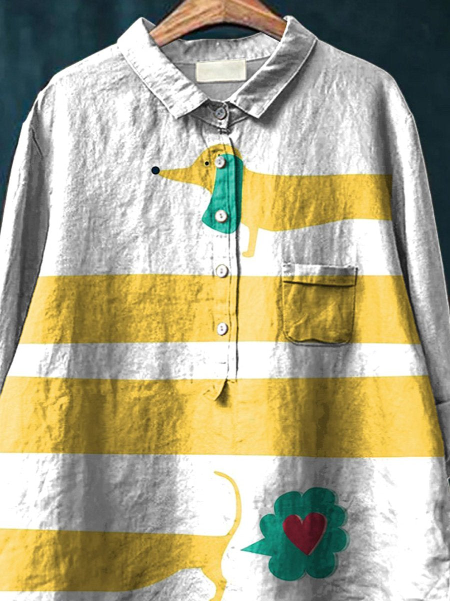 Lovely Dachshund Dog Graphic Printed Women's Casual Cotton And Linen Shirt