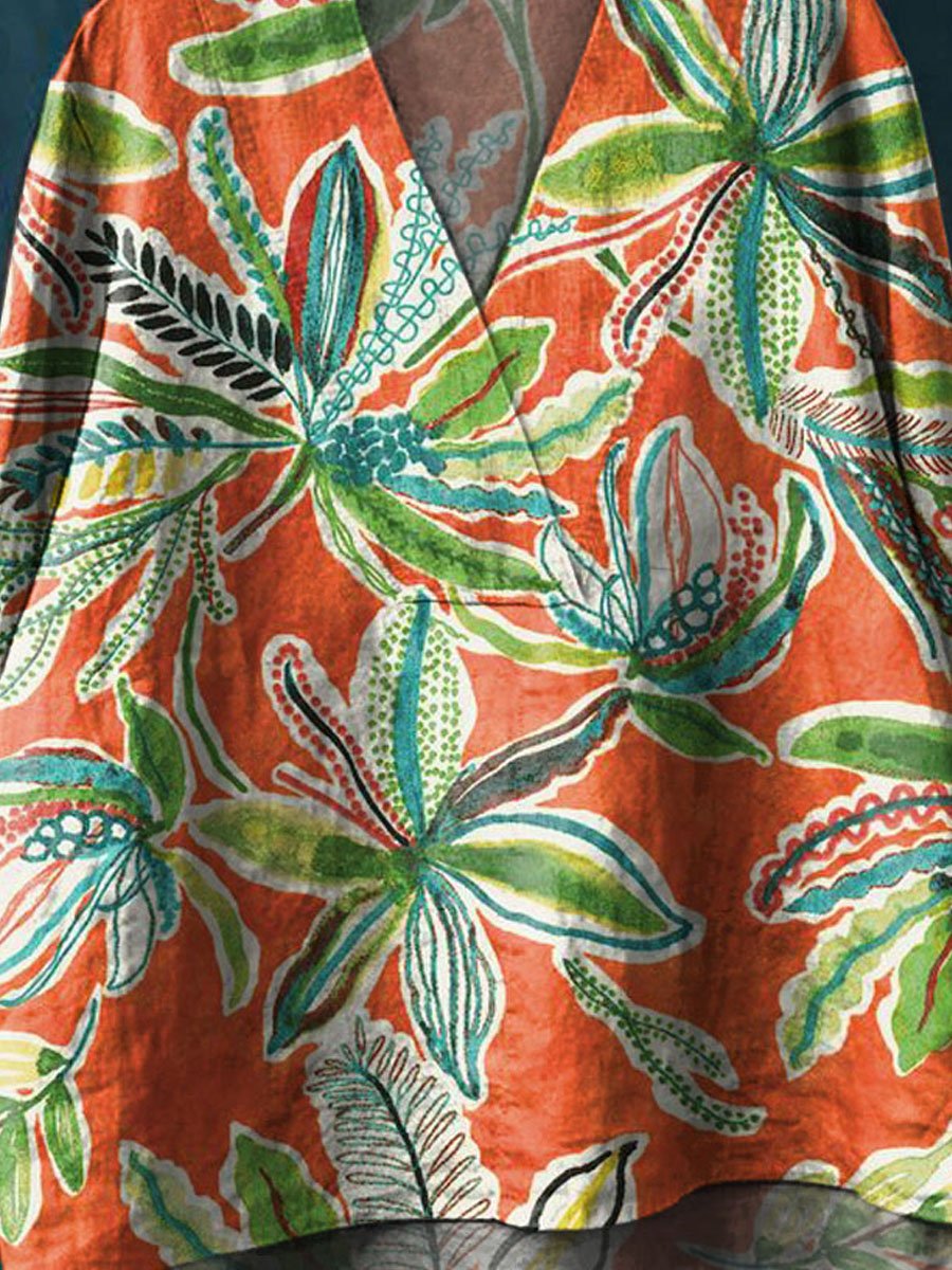Women's Vintage Lovely Floral Art Print Casual Cotton And Linen V-neck Shirt