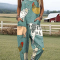 Women's Funny Animals Pattern Art Print Casual 100% Cotton Wide Leg Jumpsuit