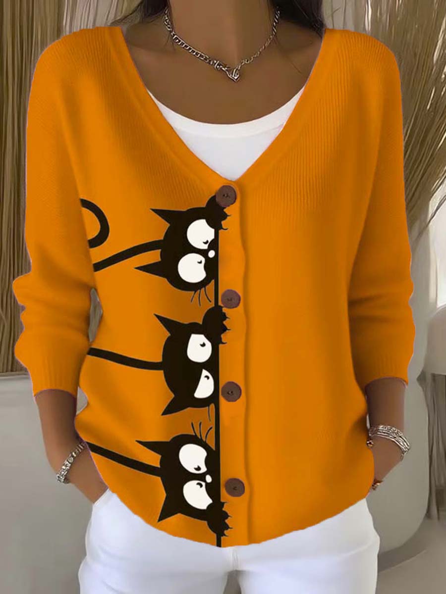 funny-cats-art-print-buttoned-v-neck-cardigan-sweater-a7bx