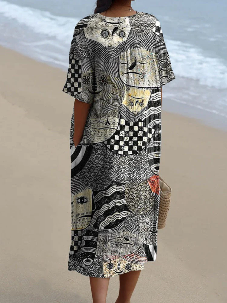 Women's Vintage Funny Abstract Figure Art Print Flowy Dress