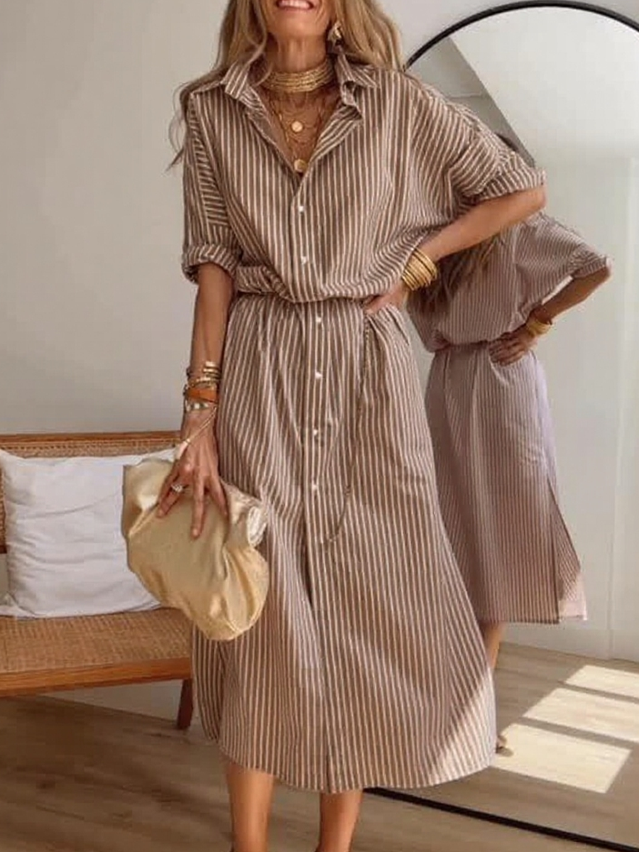 Women's Casual Striped Cotton Shirt Dress with Belt