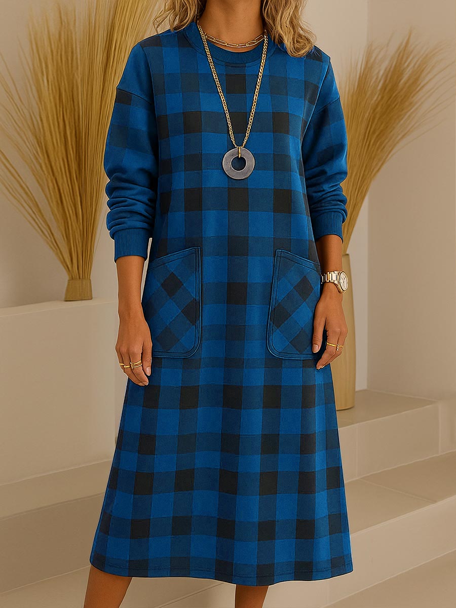 Women's Plaid Print Round Neck Long Sleeve Casual Loose A-Line Dress