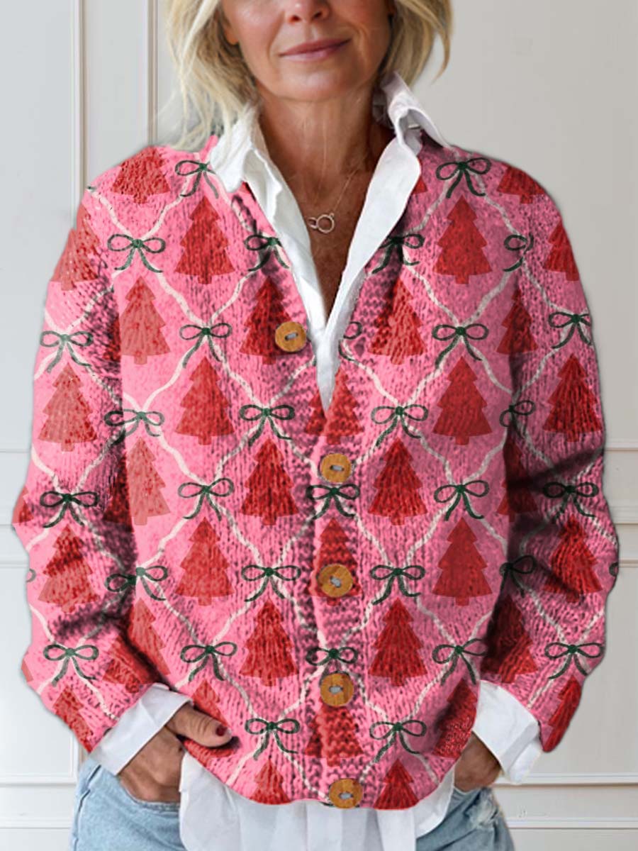 Women's Christmas Tree Art Print Buttoned Cardigan Sweater
