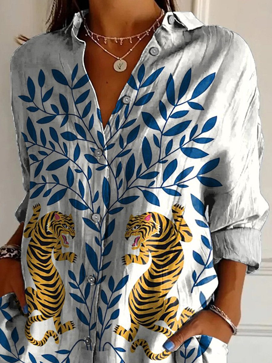 Tiger And Tree Symmetrical Graphic Printed Women's Casual Cotton Shirt