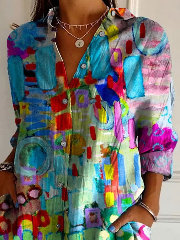 Colorful Abstract Painting Printed Women's Casual Cotton Shirt