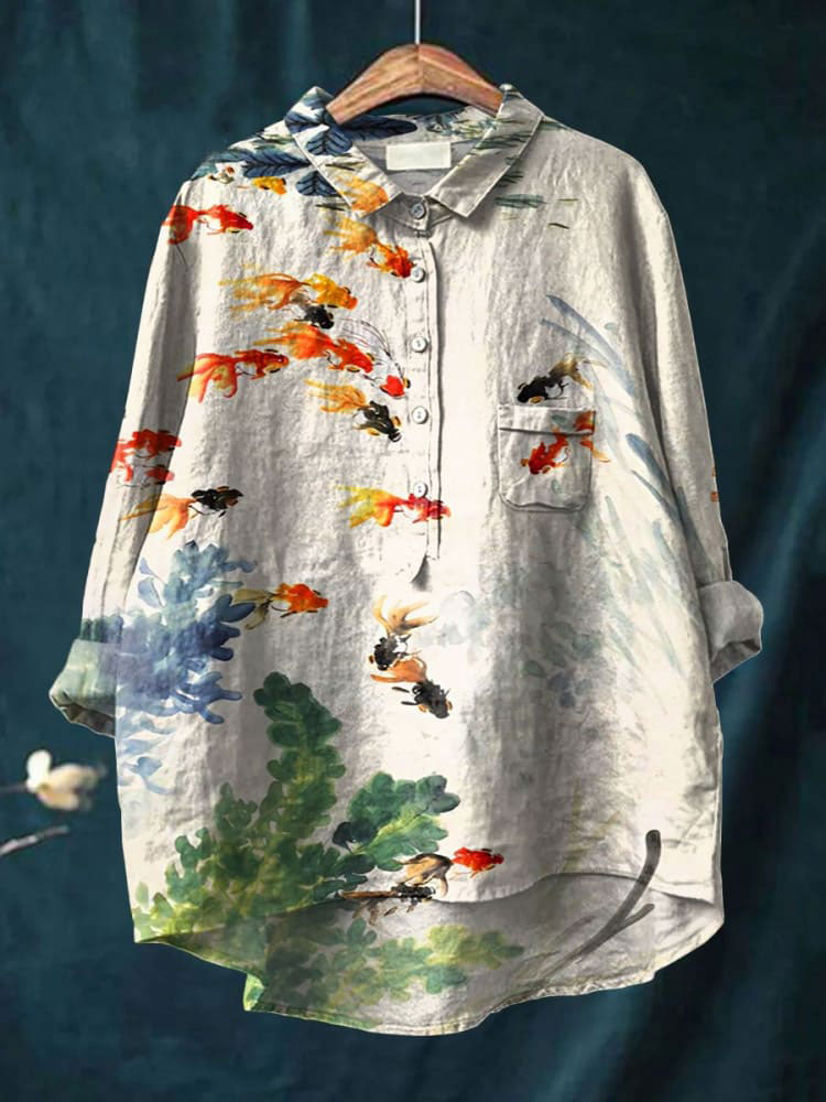 Women's Fish Art Print Casual Cotton And Linen Shirt