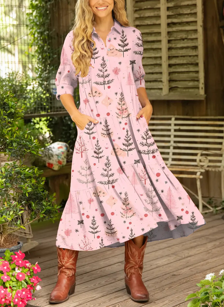 Women's Christmas Tree Pattern Art Print Casual Cotton Dress